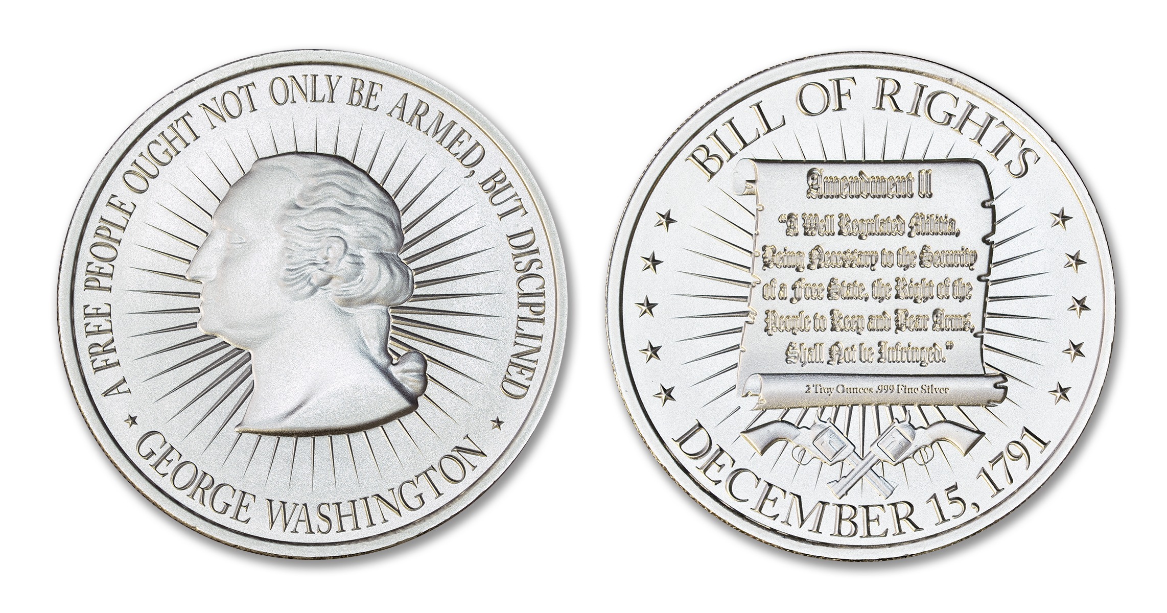 Washington Bust / Bill of Rights 2A - 2 ozt. 50mm .999 Silver Art Medal