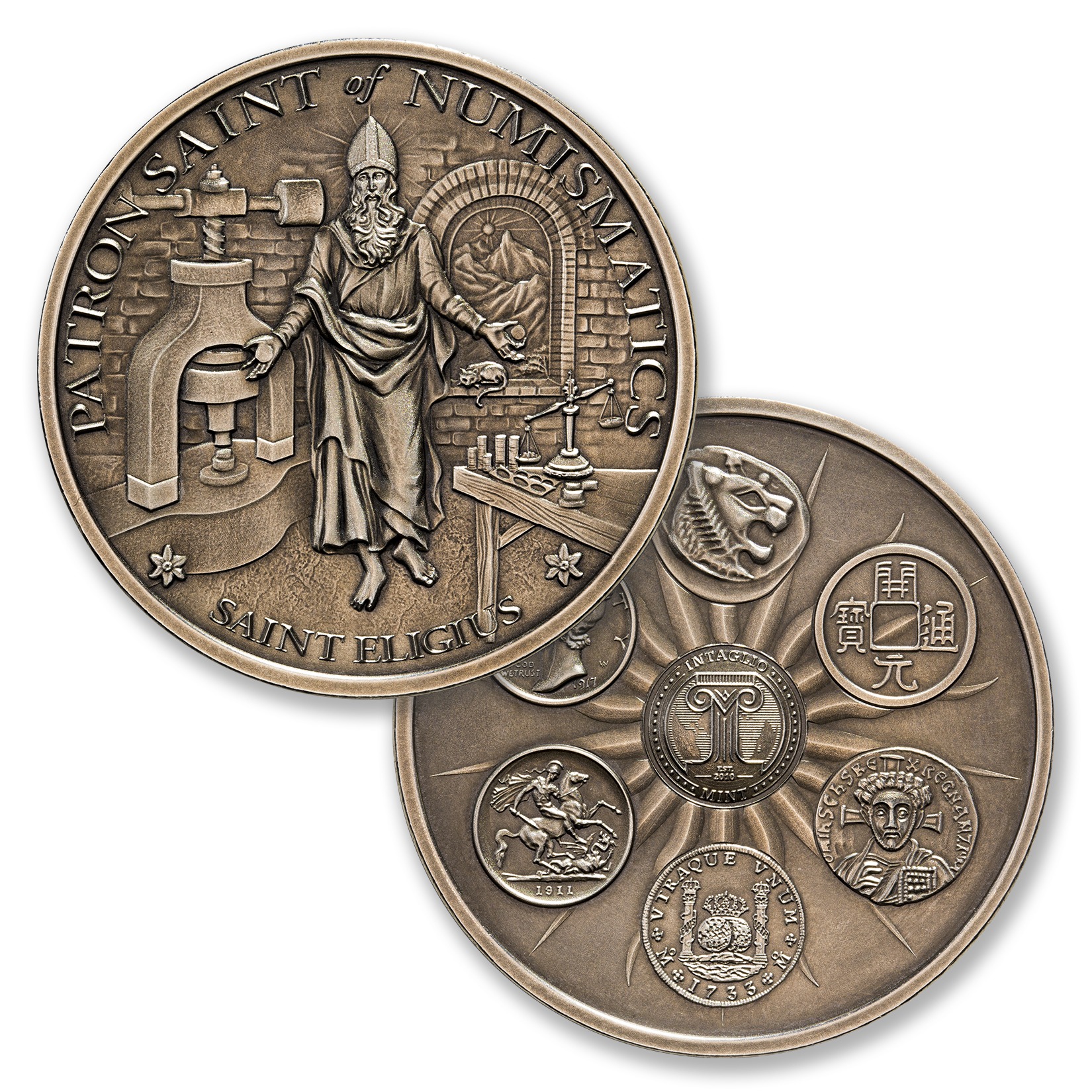 SAINT ELIGIUS - 2 TROY OUNCE - 50MM - LIMITED MINTAGE: 500 (ANTIQUED) - Image 1