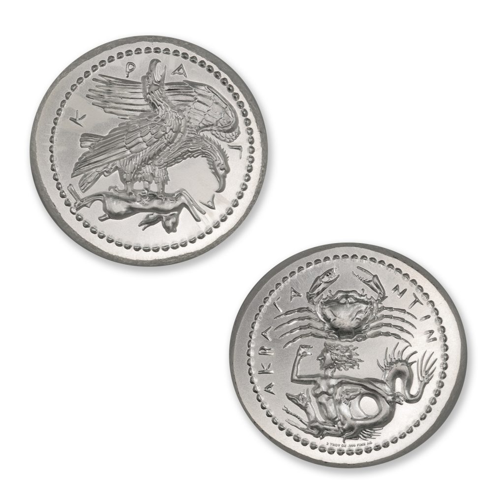 TETRADRACHM OF AKRAGAS - TWO EAGLES AND HARE - UHR - 2 TROY OUNCE - 36MM - BU