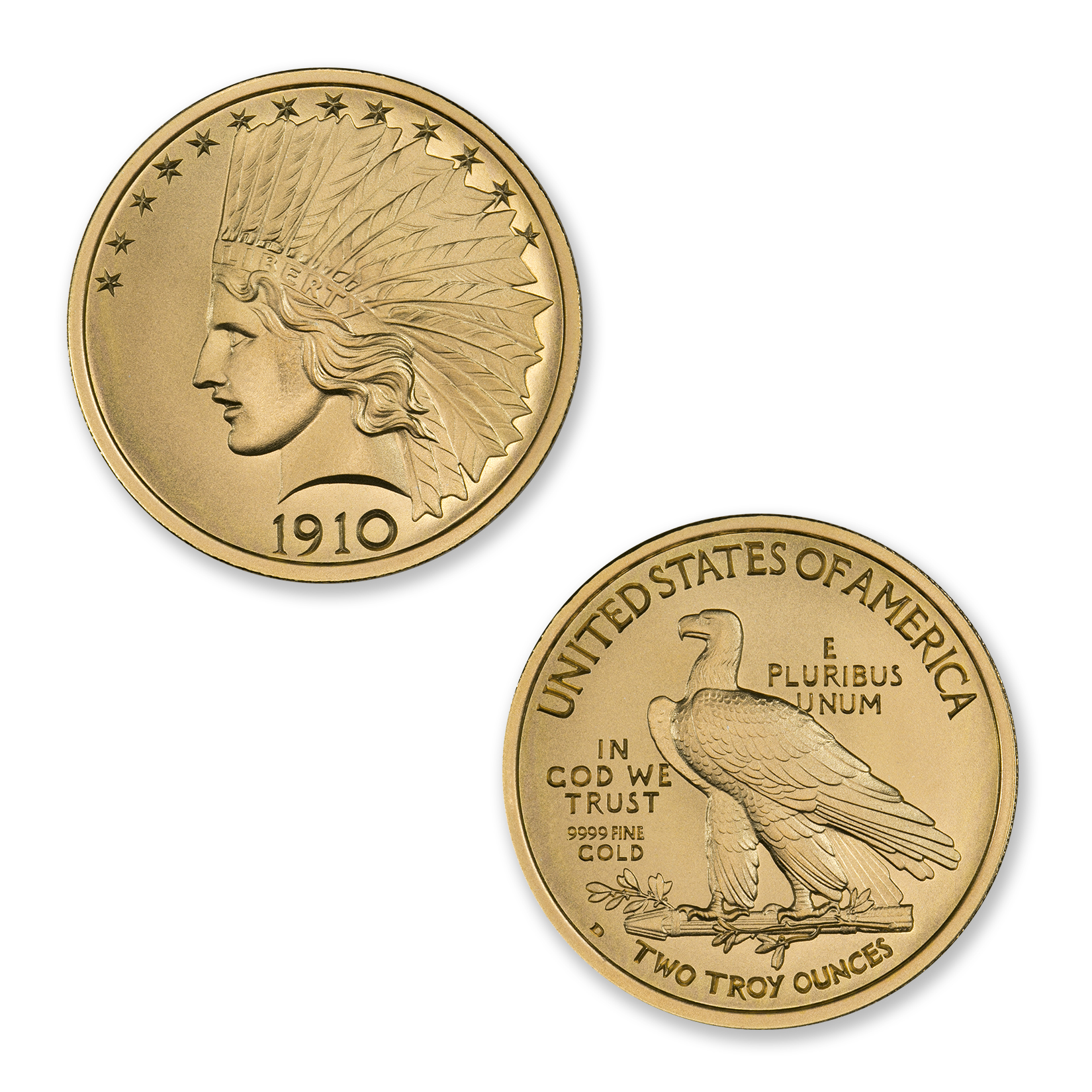$10 INDIAN TRIBUTE - 2 TROY OUNCE - 39MM - .9999 FINE GOLD - Image 1