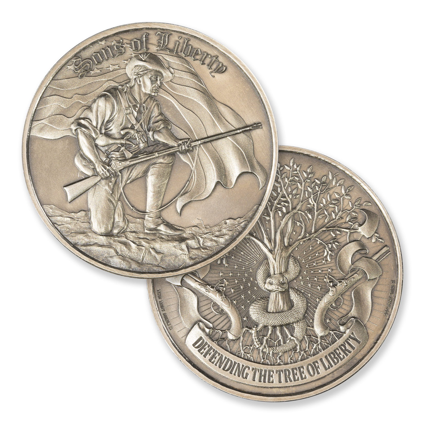 SONS OF LIBERTY, LIBERTY TREE - 2 TROY OUNCE - 50MM (ANTIQUED) (ONLY 500 MINTED) - Image 1
