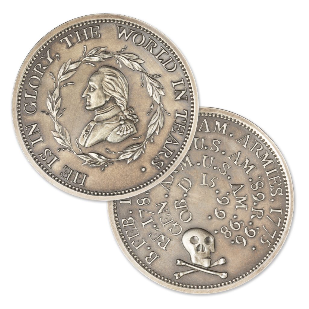 SKULL AND CROSSBONES - WASHINGTON FUNERAL MEDAL - 2 TROY OUNCE - 50MM - LIMITED MINTAGE: 500 (ANTIQUED) - IN COINSAFE CAPSULE