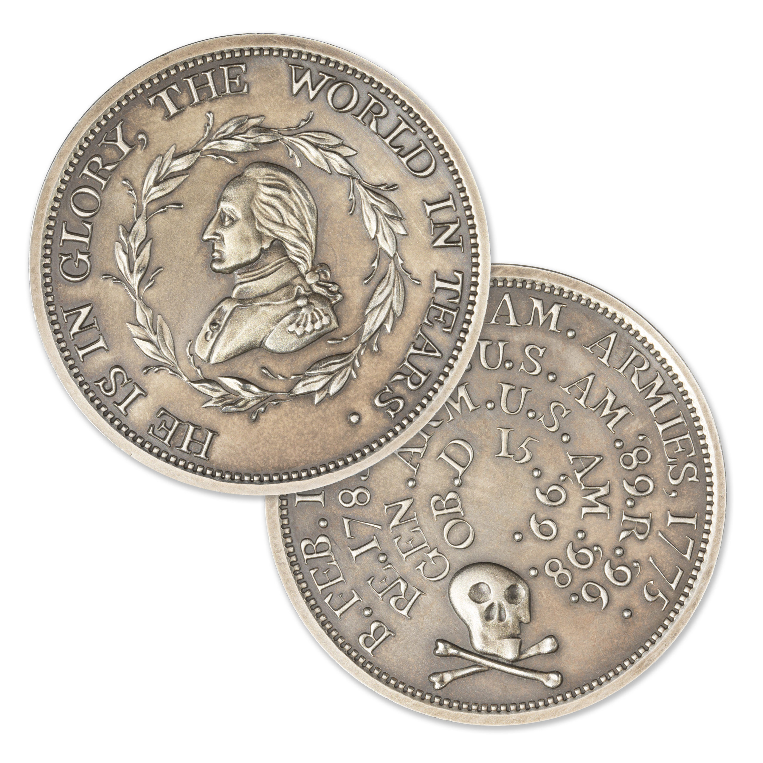 SKULL AND CROSSBONES - WASHINGTON FUNERAL MEDAL - 5 TROY OUNCE - 50MM - LIMITED MINTAGE: 500 (ANTIQUED) - Image 1