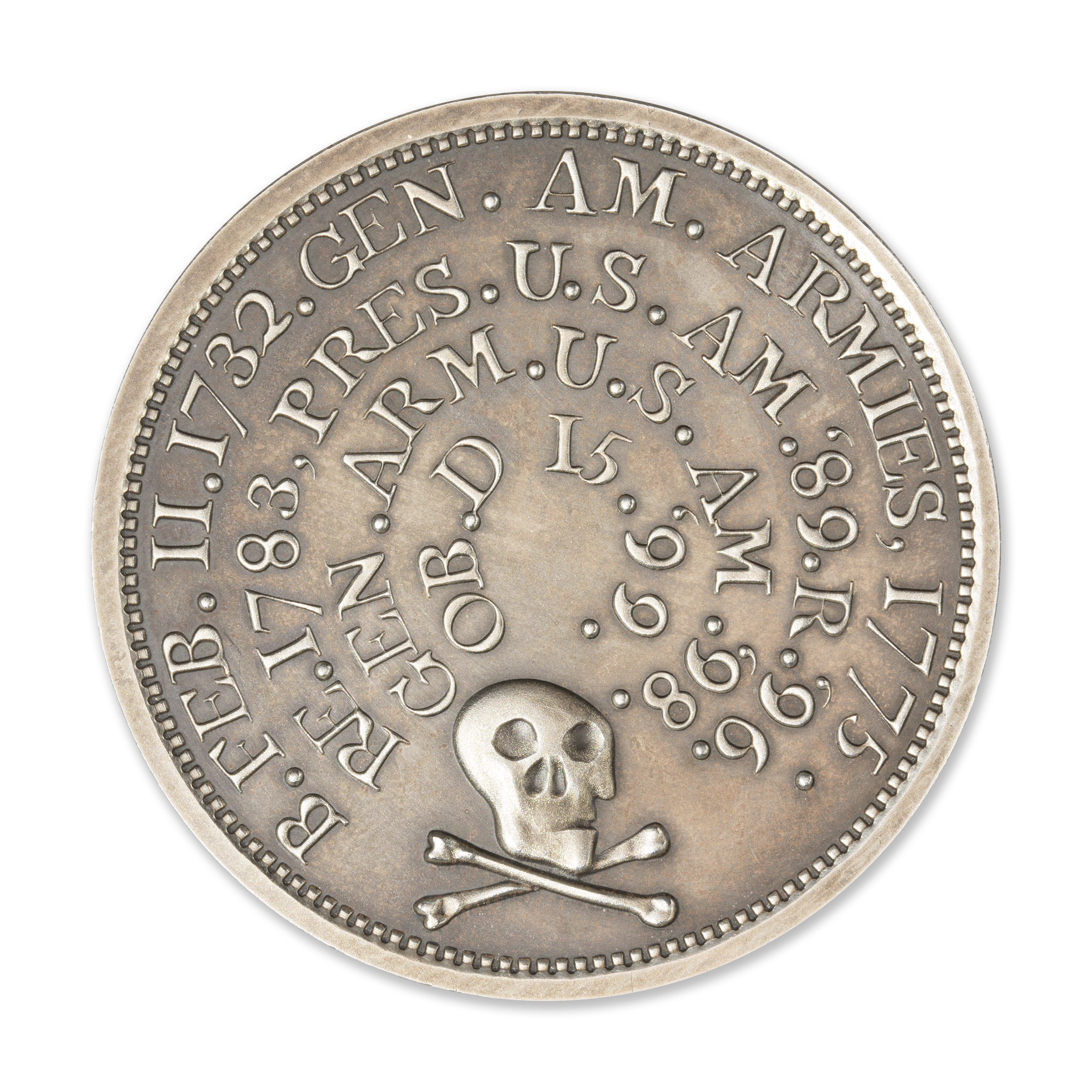 SKULL AND CROSSBONES - WASHINGTON FUNERAL MEDAL - 5 TROY OUNCE - 50MM - LIMITED MINTAGE: 500 (ANTIQUED) - Image 3