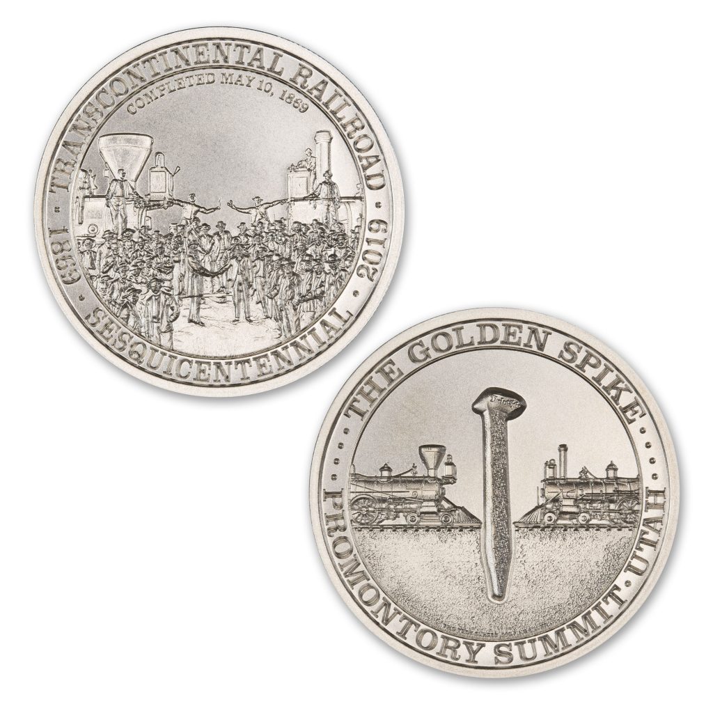 TRANSCONTINENTAL RAILROAD SESQUICENTENNIAL - 2 TROY OUNCE - 39MM