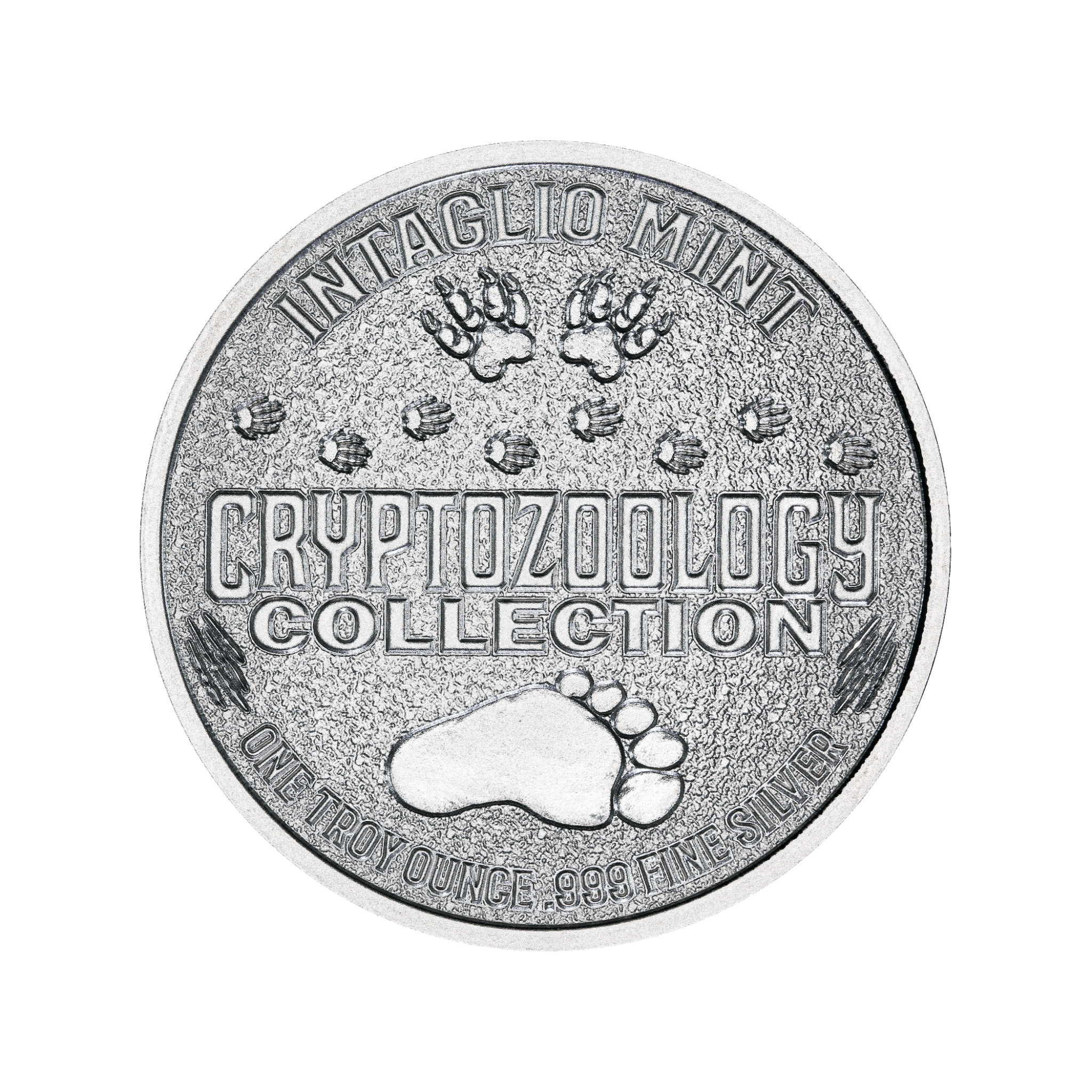 Cryptozoology Collection common reverse — one troy ounce .999 fine silver with cryptid tracks and Bigfoot footprint