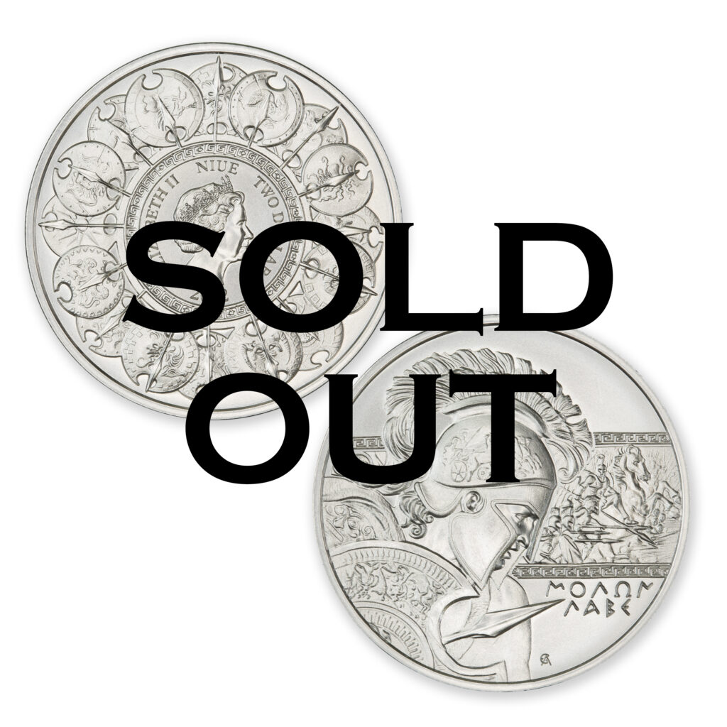 2022 NIUE $2 1OZ .999 SILVER - MOLON LABE - TYPE I - WORLDWIDE MINTAGE: 1,500