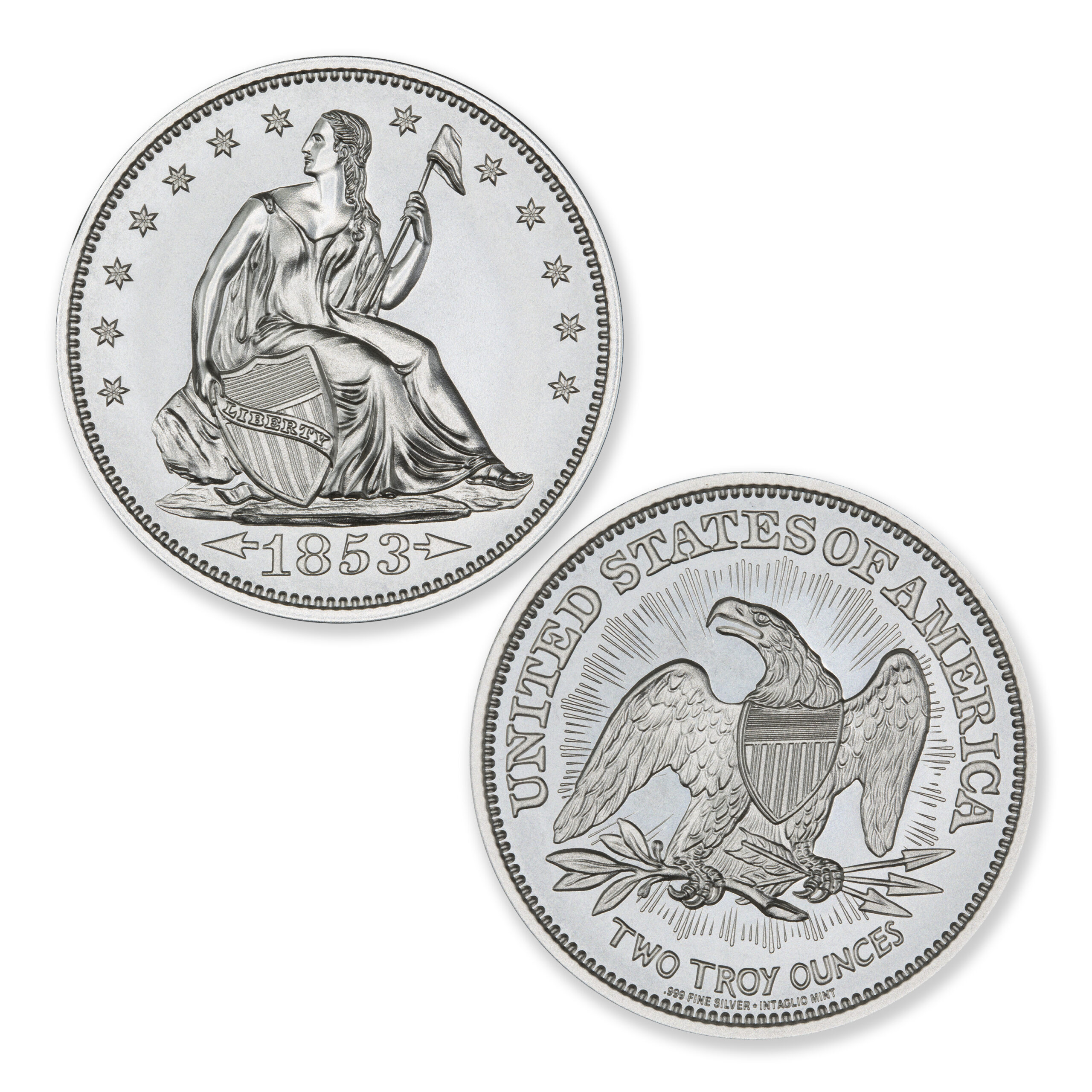 1853 SEATED LIBERTY ARROWS & RAYS TRIBUTE  - 2 TROY OUNCE - 39MM - Image 1