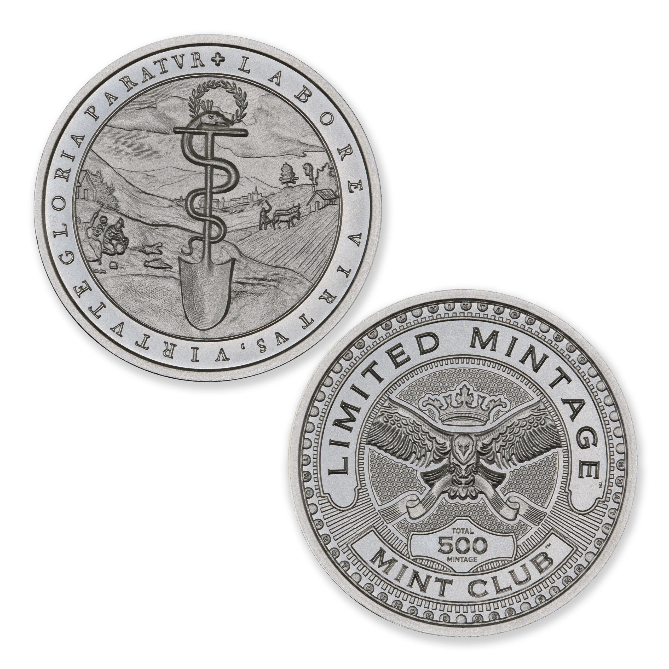 MINT CLUB #9 – 2 TROY OUNCE – 39MM (LIMITED MINTAGE: 500) – IN COINSAFE CAPSULE – LABOR & VIRTUE - Image 1