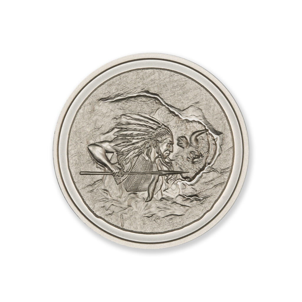 2023 – MINT CLUB® #2 – 2 TROY OUNCE – 39MM (LIMITED MINTAGE: 500) – IN COINSAFE CAPSULE – ARTIST ORIGINAL – BISON & INDIAN