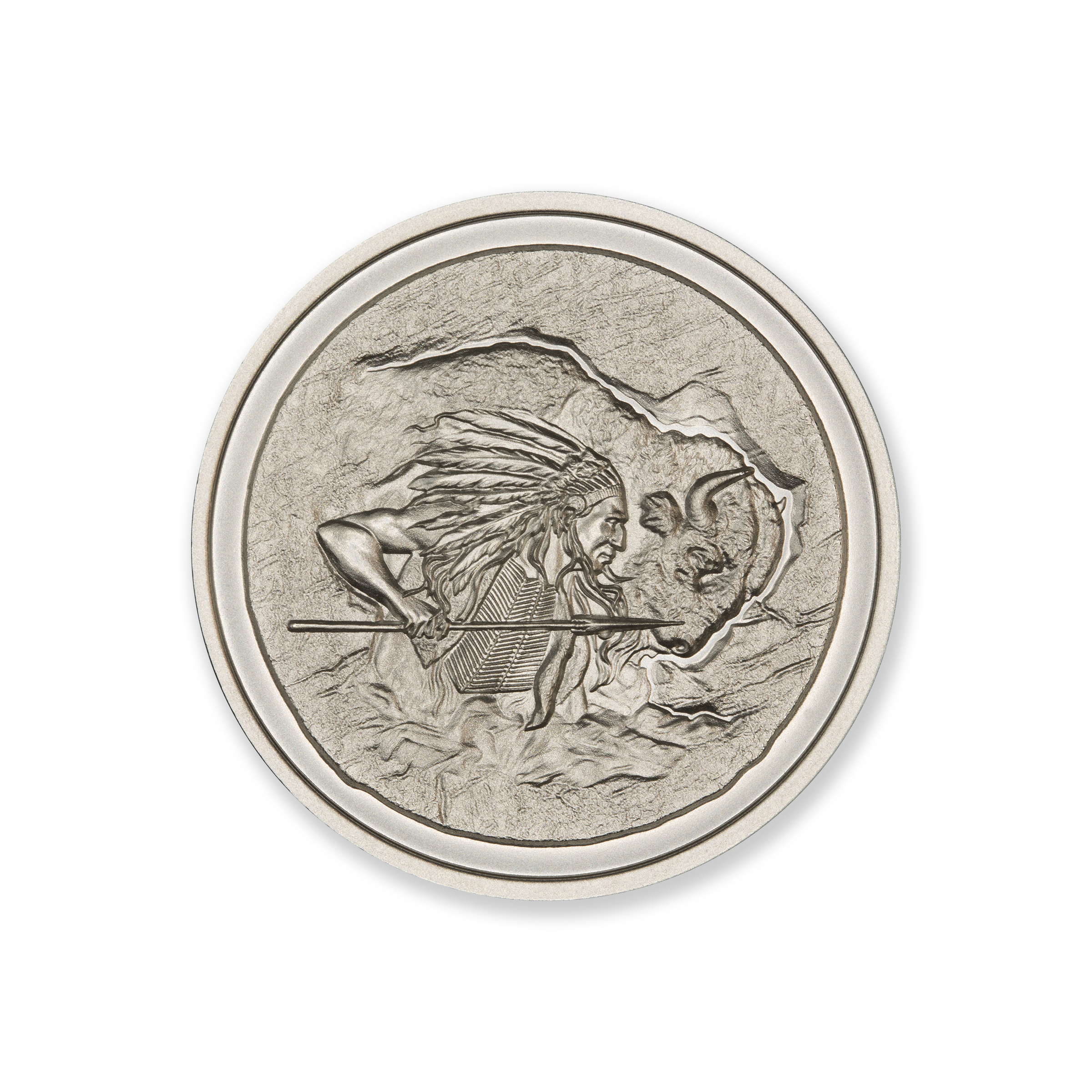 2023 – MINT CLUB® #2 – 2 TROY OUNCE – 39MM (LIMITED MINTAGE: 500) – IN COINSAFE CAPSULE – ARTIST ORIGINAL – BISON & INDIAN - Image 2