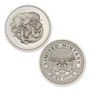 2023 – MINT CLUB® #3 – 2 TROY OUNCE – 39MM (LIMITED MINTAGE: 500) – IN COINSAFE CAPSULE – ARTIST ORIGINAL – LIONESS & BUFFALO