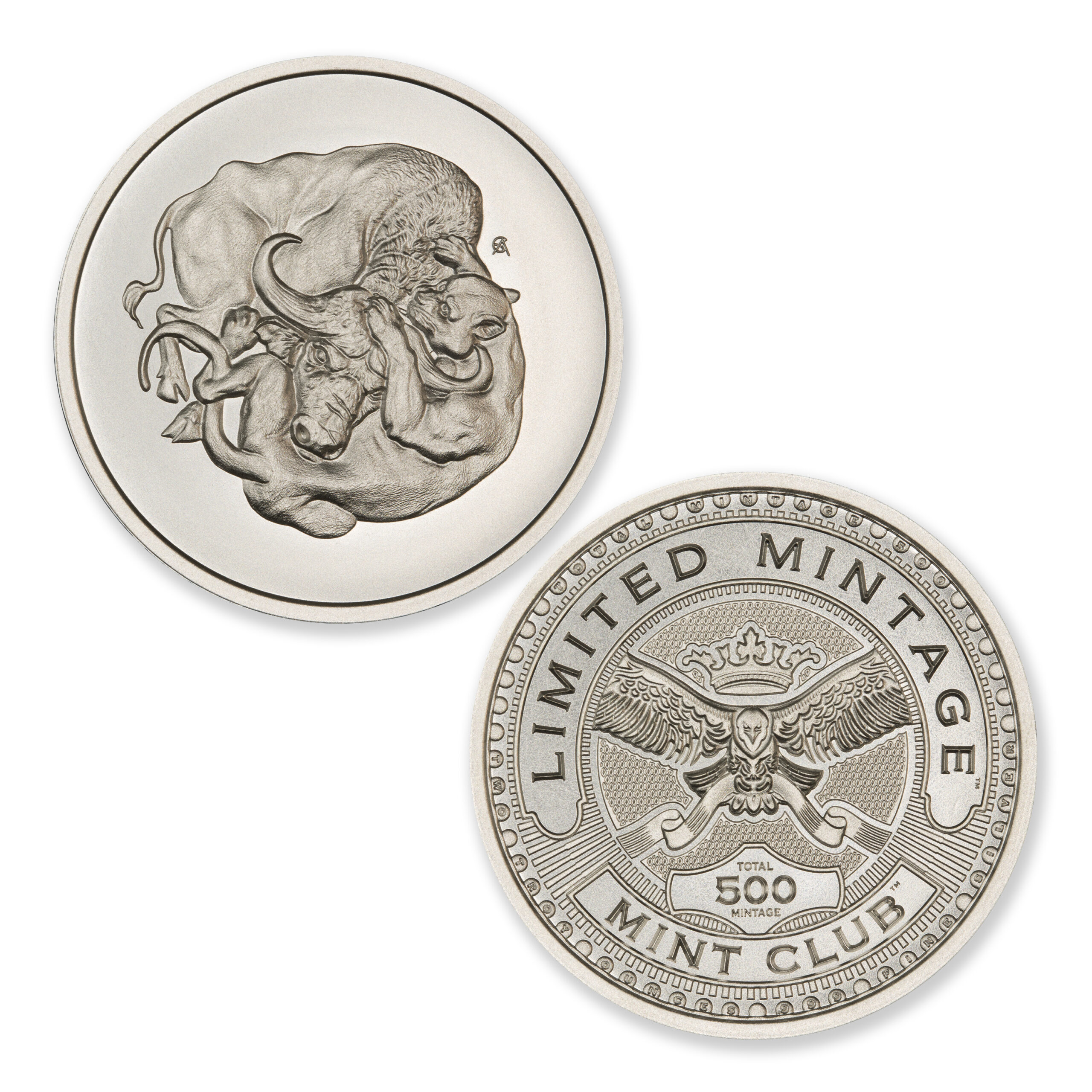 2023 – MINT CLUB® #3 – 2 TROY OUNCE – 39MM (LIMITED MINTAGE: 500) – IN COINSAFE CAPSULE – ARTIST ORIGINAL – LIONESS & BUFFALO - Image 1