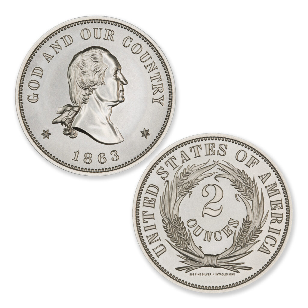 1863 WASHINGTON PATTERN TWO-CENT TRIBUTE – JUDD 305 – 2 TROY OUNCE – 39MM