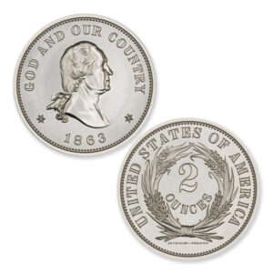 1863 WASHINGTON PATTERN TWO-CENT TRIBUTE – JUDD 305 – 2 TROY OUNCE – 39MM