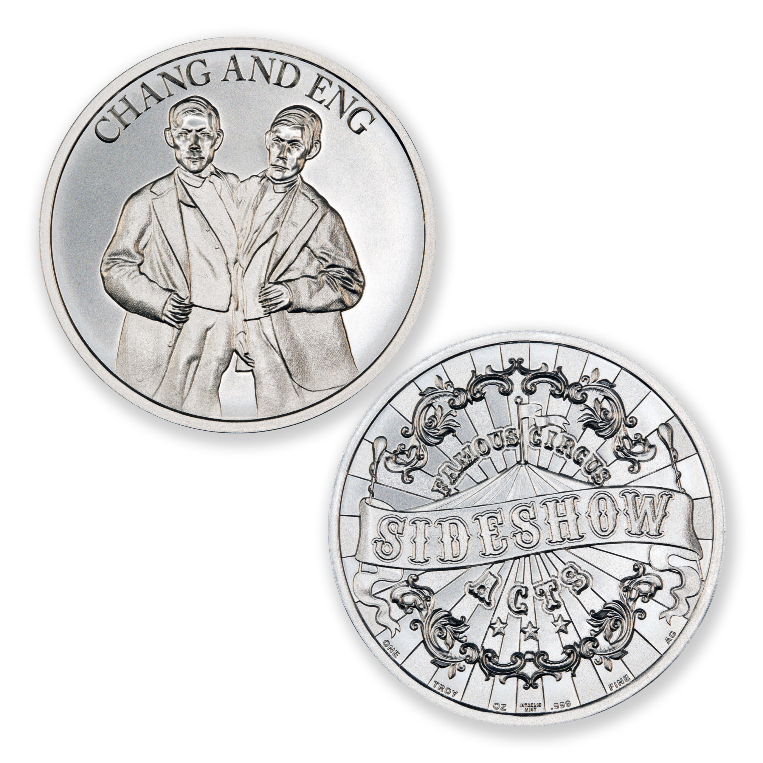 FAMOUS CIRCUS SIDESHOW ACTS - CHANG AND ENG (SIAMESE TWINS) - 1 TROY OUNCE - 39MM - Image 1