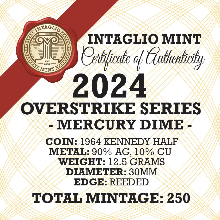 2024 – OVERSTRIKE SERIES #2 - 1964 KENNEDY HALF W/ 2024 MERCURY DIME OBVERSE - 30MM (ONLY 250 MINTED) IN COINSAFE CAPSULE AND C.O.A. - Image 4
