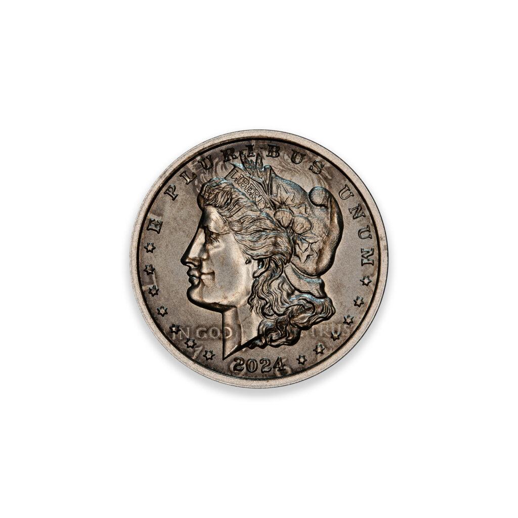 2024 – OVERSTRIKE SERIES #10 - 1964 KENNEDY HALF W/ MORGAN DOLLAR OBVERSE - 30MM (ONLY 250 MINTED) IN COINSAFE CAPSULE AND C.O.A.