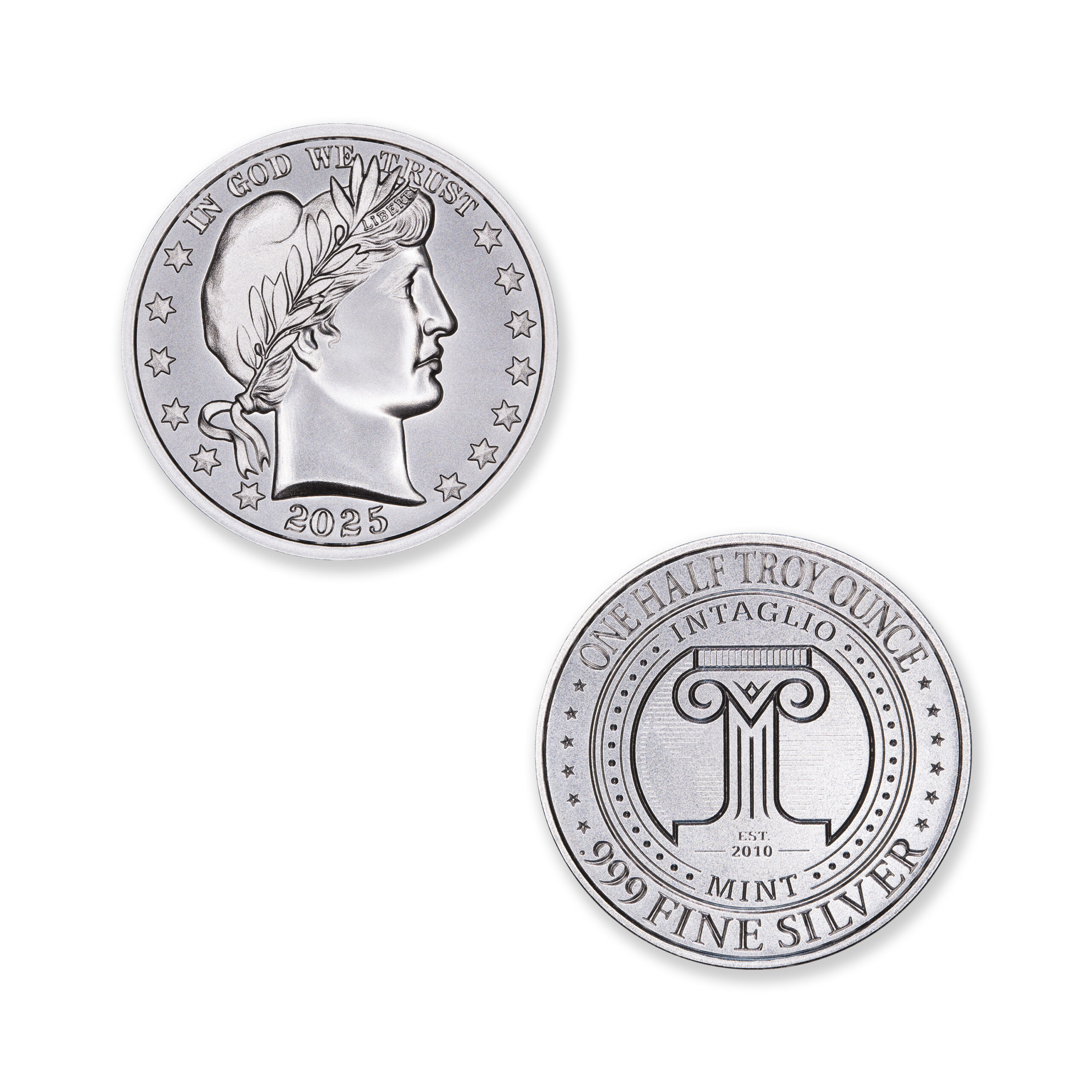 2025 BARBER HALF / INTAGLIO REVERSE - ONE HALF OUNCE - .999 FINE SILVER - 30MM - Image 1