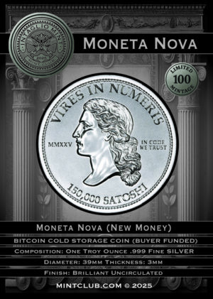 MONETA NOVA - 150,000 SATOSHI CRYPTO COLD STORAGE WALLET - 1 TROY OUNCE - 39MM - TOTAL MINTAGE: 100 (BUYER FUNDED)