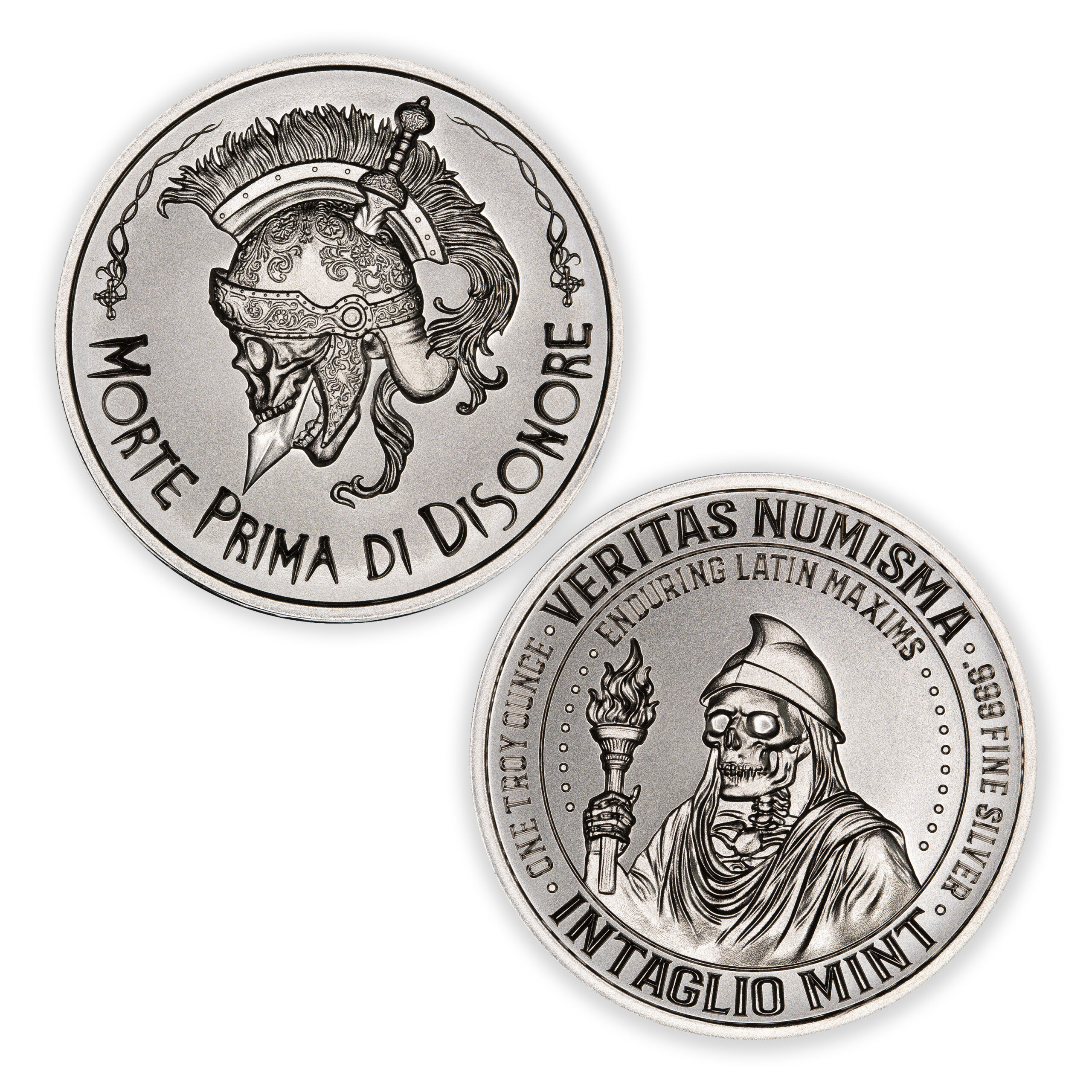 VERITAS NUMISMA SERIES – ENDURING LATIN MAXIMS – MORTE PRIMA DI DISONORE - 1 TROY OUNCE - 39MM - Image 1
