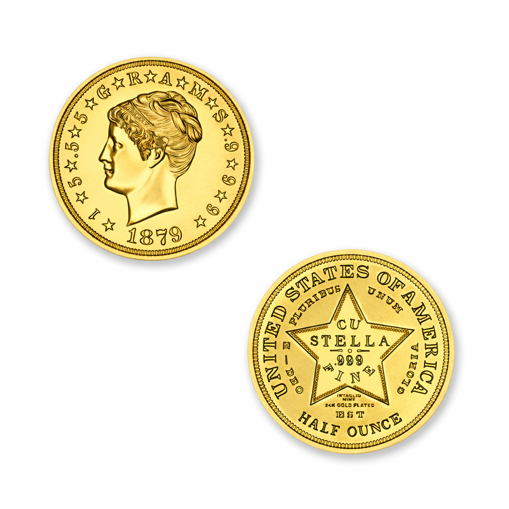 U.S. PATTERN TRIBUTES - $4 STELLA - COILED HAIR - 1/2OZ - 30MM - 24K GOLD PLATED - W/CAPSULE - Image 1