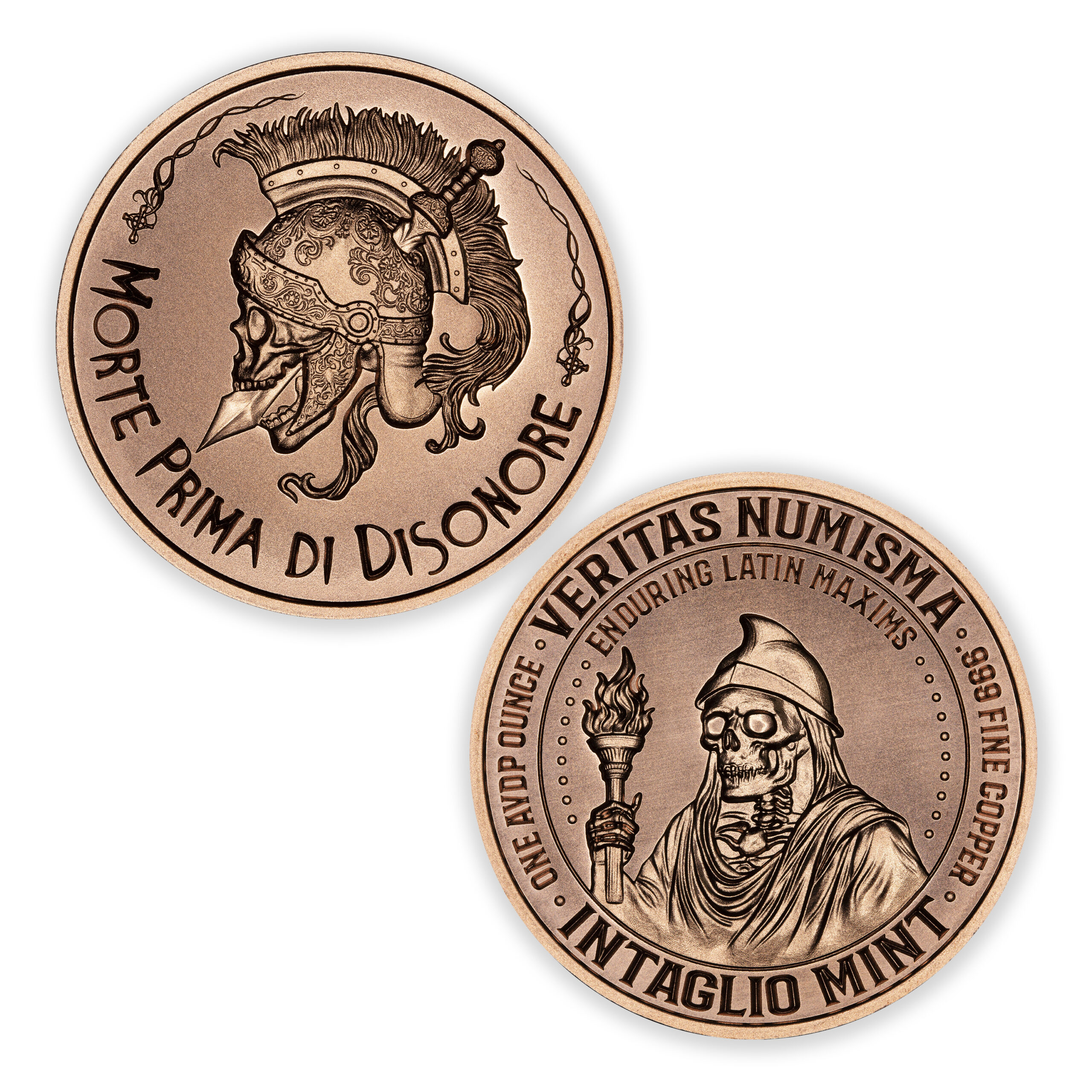 VERITAS NUMISMA SERIES - ENDURING LATIN MAXIMS - MORTE PRIMA DI DISONORE - 1OZ - 39MM - Image 1