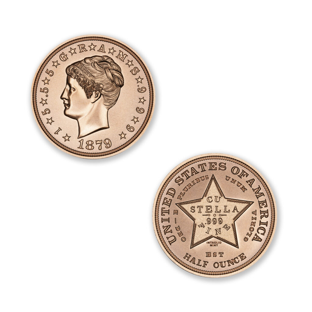 U.S. PATTERN TRIBUTES - $4 STELLA - COILED HAIR - 1/2OZ - 30MM - CU