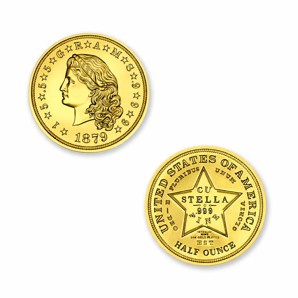 U.S. PATTERN TRIBUTES - $4 STELLA - FLOWING HAIR - 1/2OZ - 30MM - 24K GOLD PLATED - W/CAPSULE - Image 1