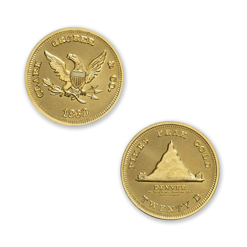 TERRITORIALS - CLARK GRUBER & CO PIKE'S PEAK TRIBUTE - 1 TROY OUNCE - 30MM - .9999 FINE GOLD - ONLY 100 MINTED - IN CAPSULE (Copy)
