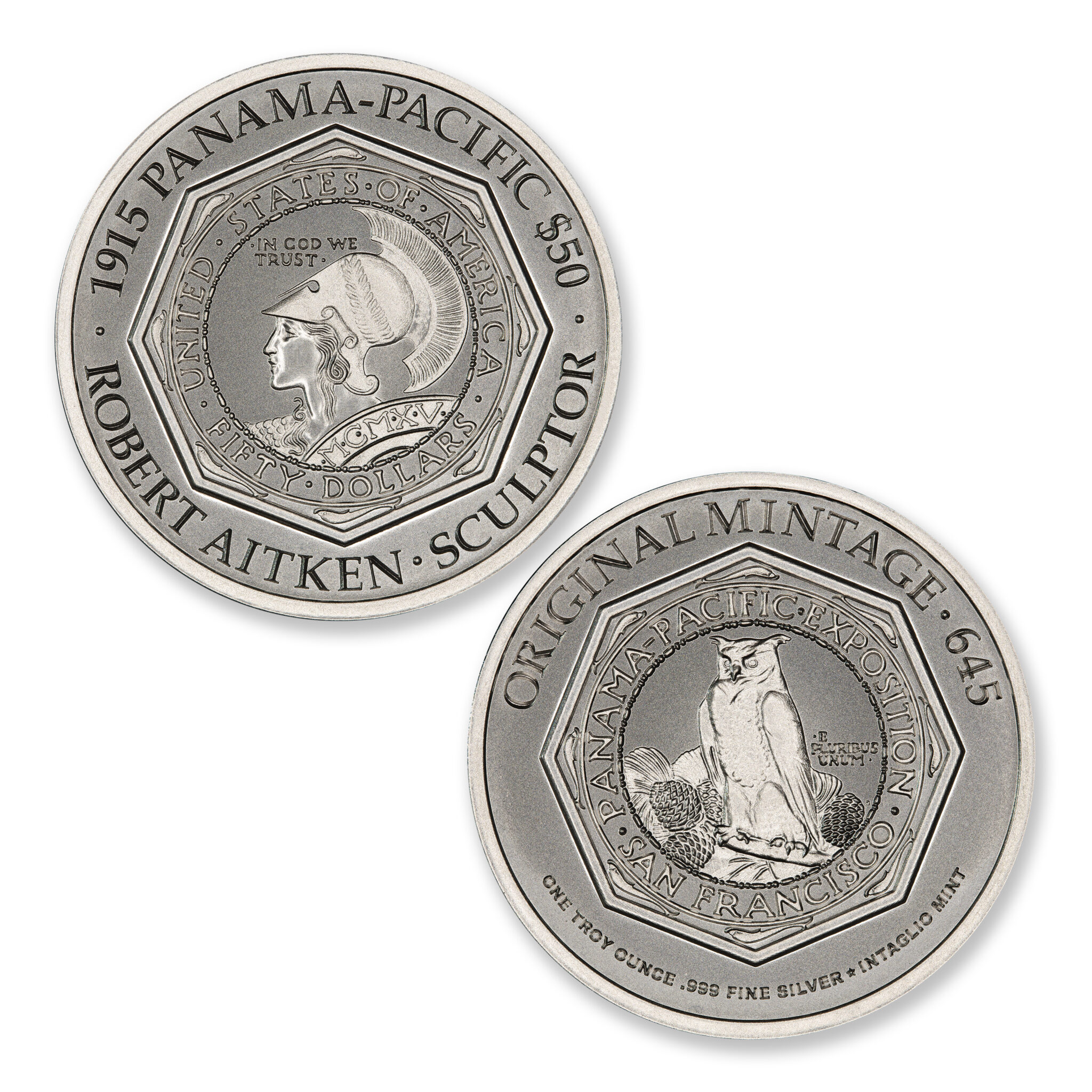 ICONS OF COINAGE SERIES - 1915 PANAMA-PACIFIC $50 OCTAGONAL TRIBUTE – 1 TROY OUNCE .999 FINE SILVER – 39MM