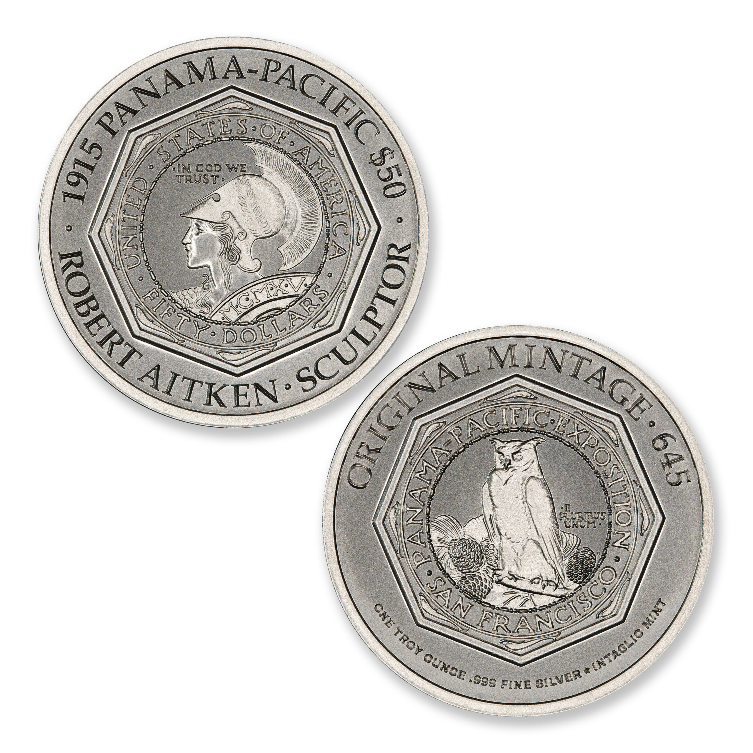ICONS OF COINAGE SERIES - 1915 PANAMA-PACIFIC $50 OCTAGONAL TRIBUTE – 1 TROY OUNCE .999 FINE SILVER – 39MM - Image 1