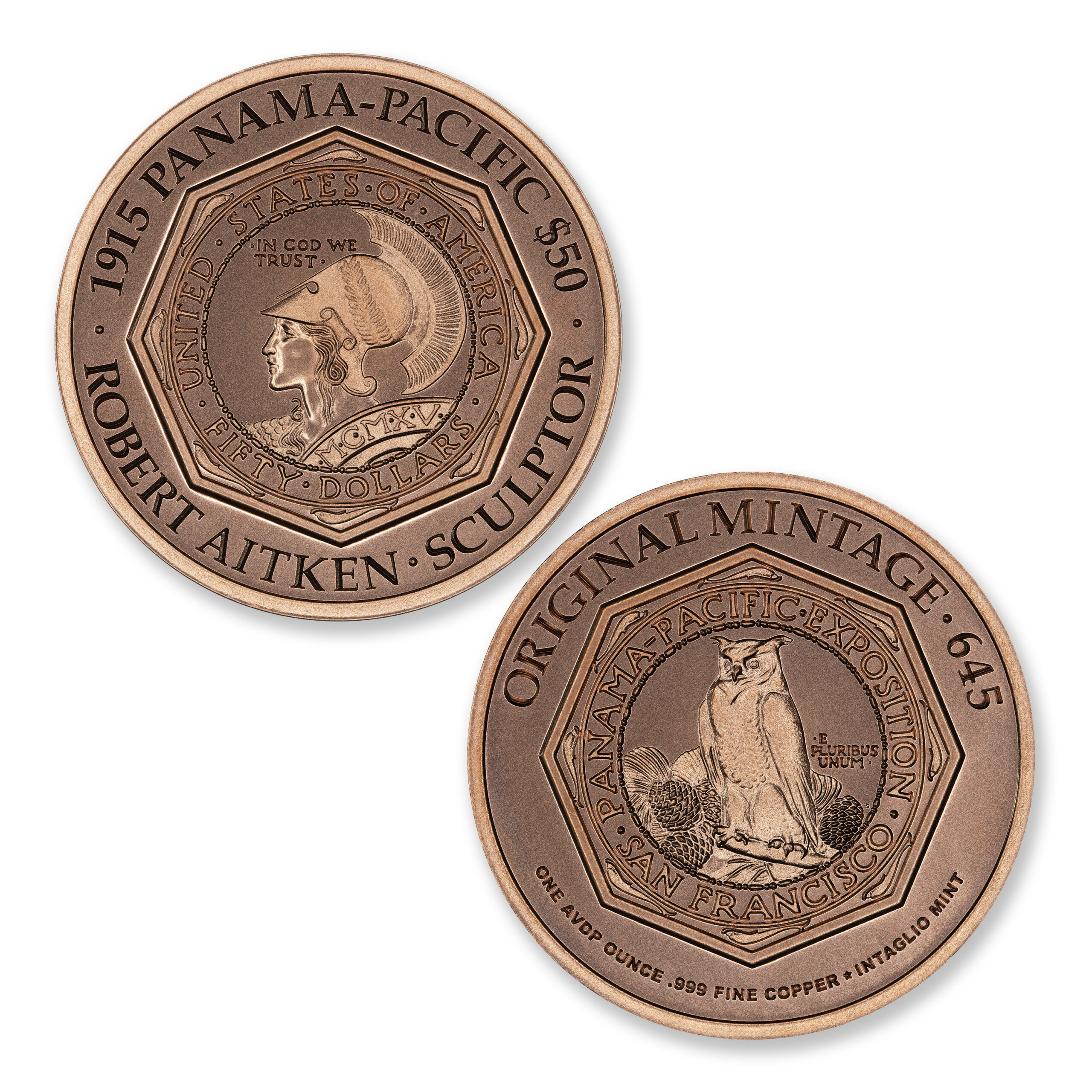 ICONS OF COINAGE SERIES – 1915 PANAMA-PACIFIC $50 OCTAGONAL TRIBUTE – 1OZ .999 FINE COPPER – 39MM-CU - Image 1