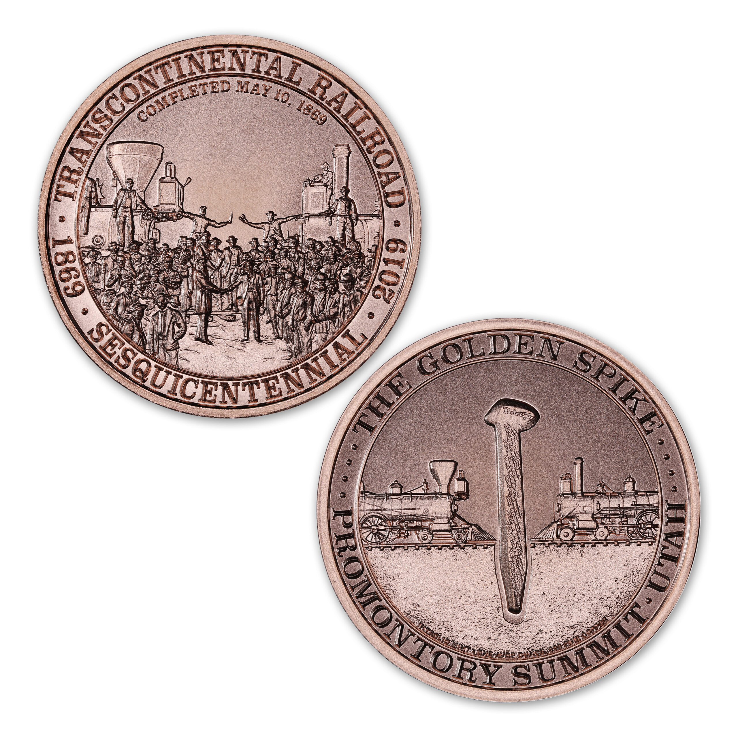 TRANSCONTINENTAL RAILROAD – THE GOLDEN SPIKE – 1 AVDP OUNCE – 39MM CU - Image 1