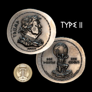 2025 Trump Ancients Collection Type II silver round, laureate portrait and skeletal figure supporting the world