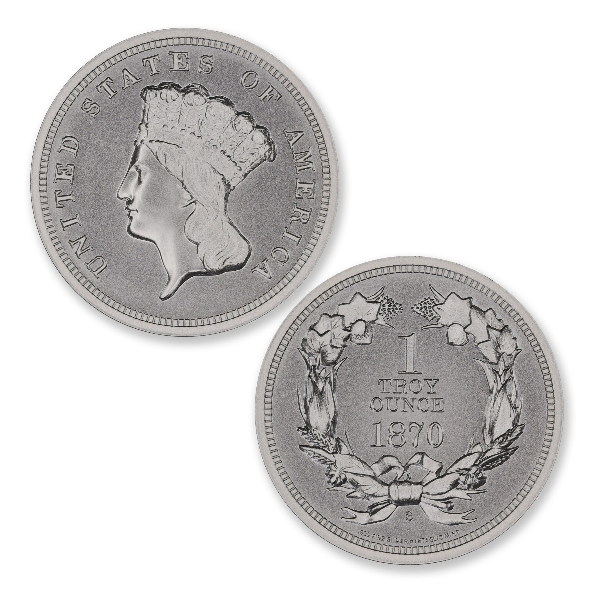 1870-S $3 Gold Tribute silver round, showing Liberty in a feathered headdress and a wreath enclosing 1 troy ounce and 1870