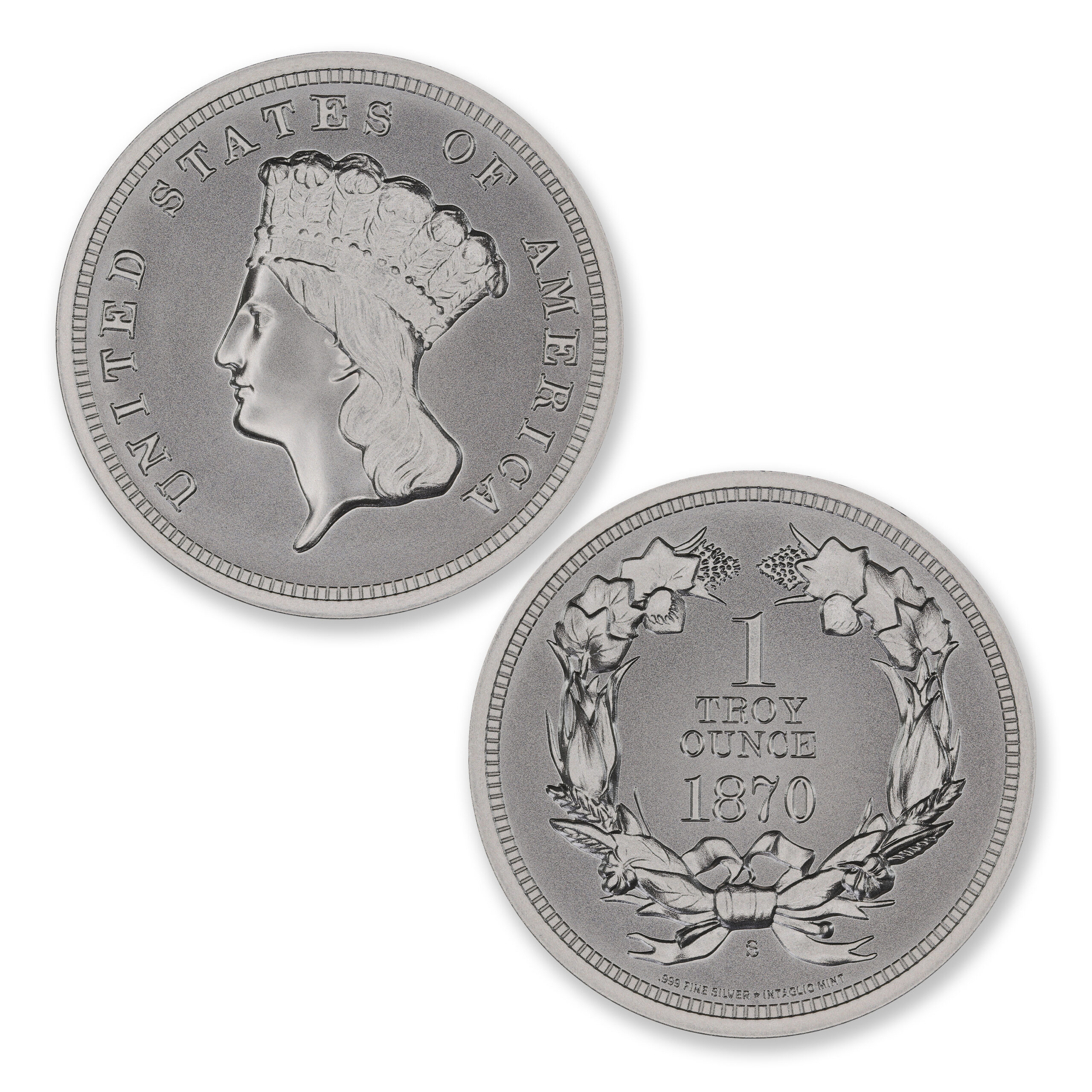 1870-S $3 Gold Tribute silver round, showing Liberty in a feathered headdress and a wreath enclosing 1 troy ounce and 1870