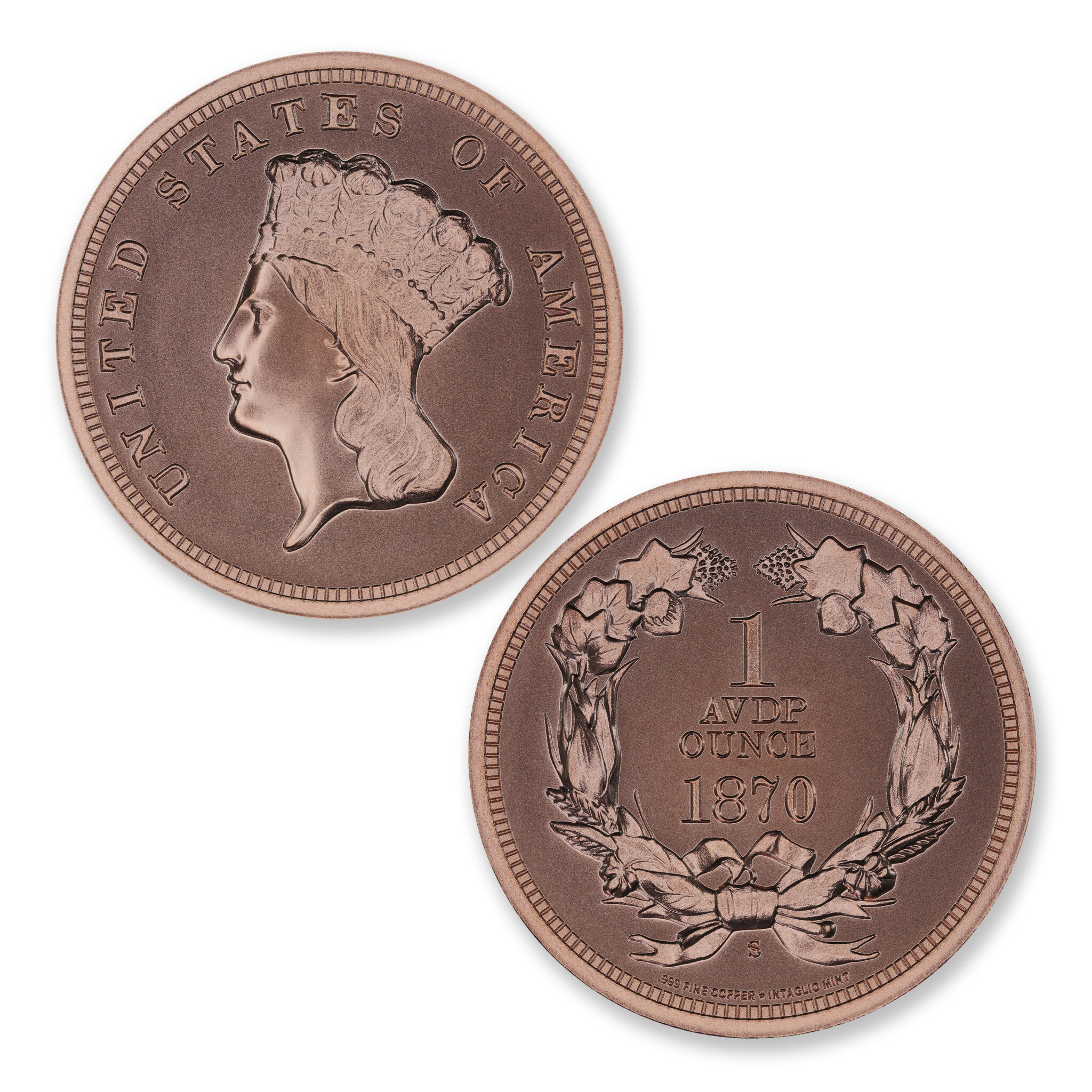 1870-S $3 Gold Tribute copper round showing Liberty in a feathered headdress and wreath enclosing 1 AVDP ounce and 1870
