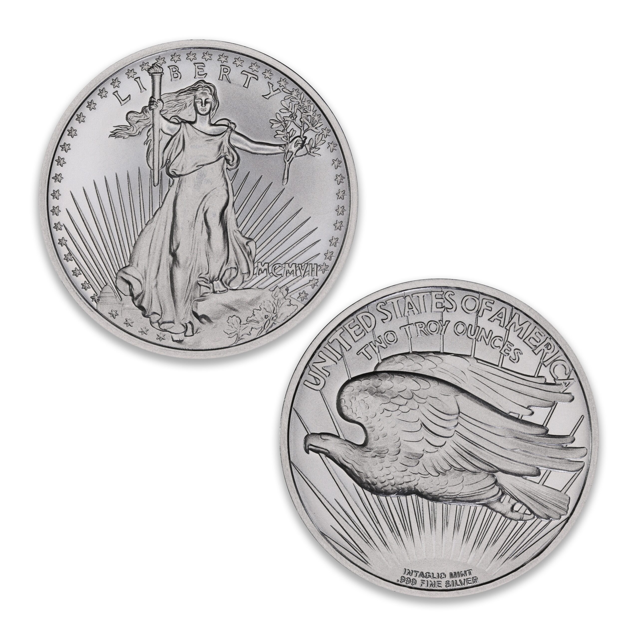 Saint-Gaudens 2 oz high relief silver round with Liberty obverse and flying eagle reverse
