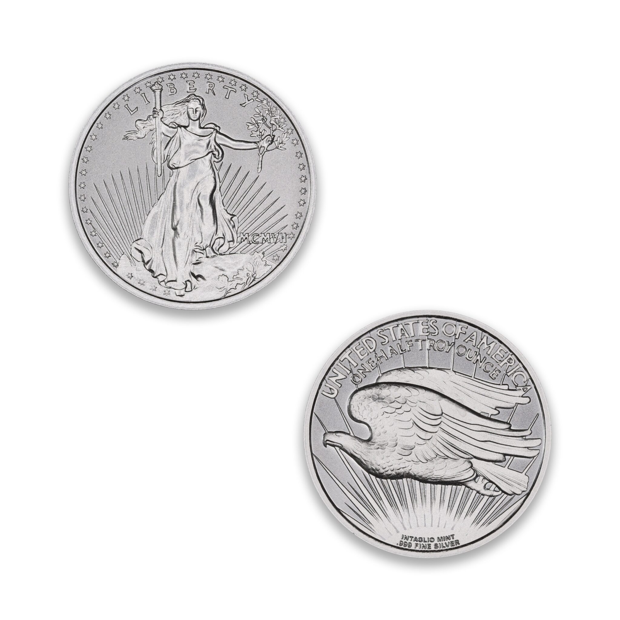 Saint-Gaudens 1/2 oz high relief silver round with Liberty obverse and flying eagle reverse