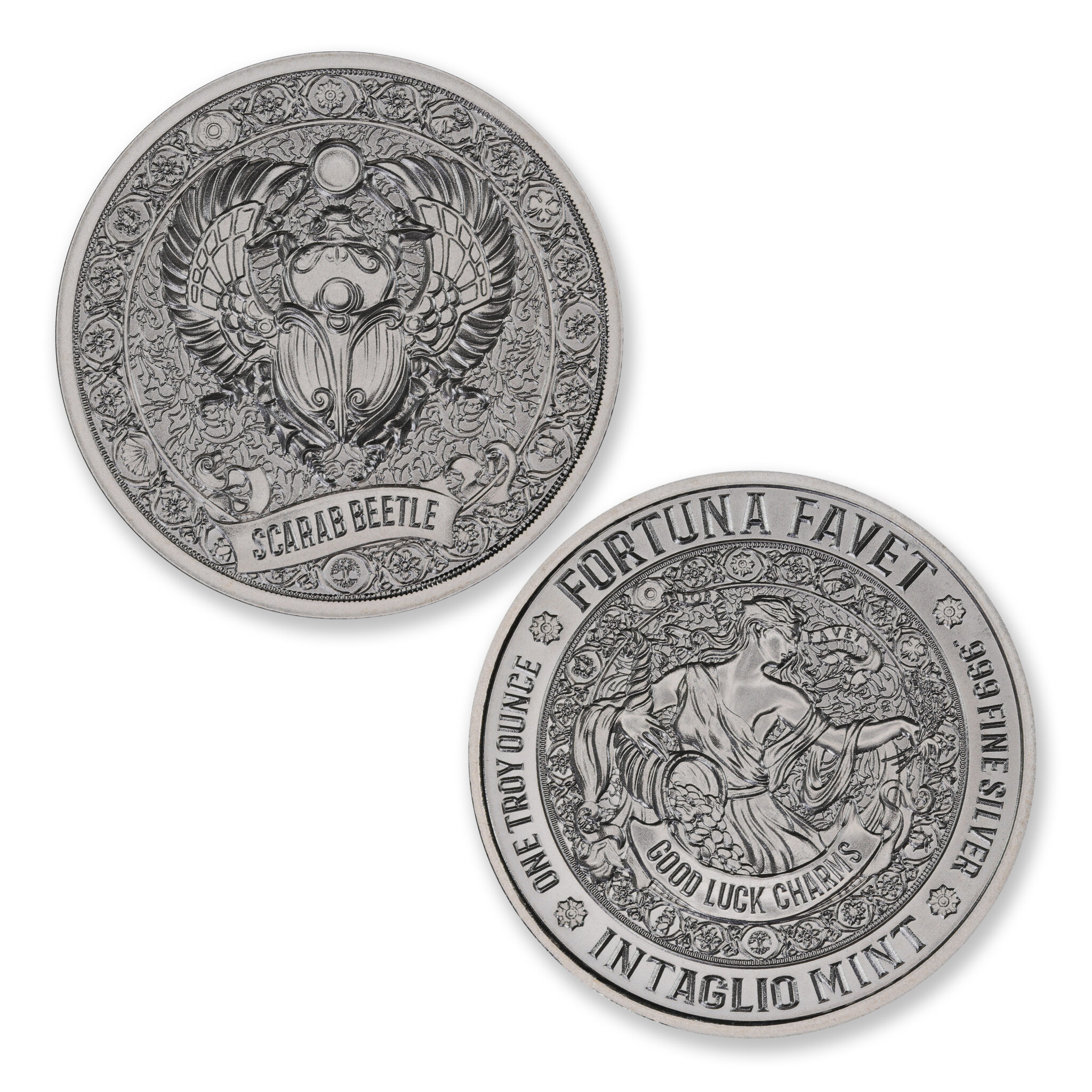 Scarab Beetle silver round with an ornate winged scarab and sun disk on the obverse and Fortuna Favet goddess reverse