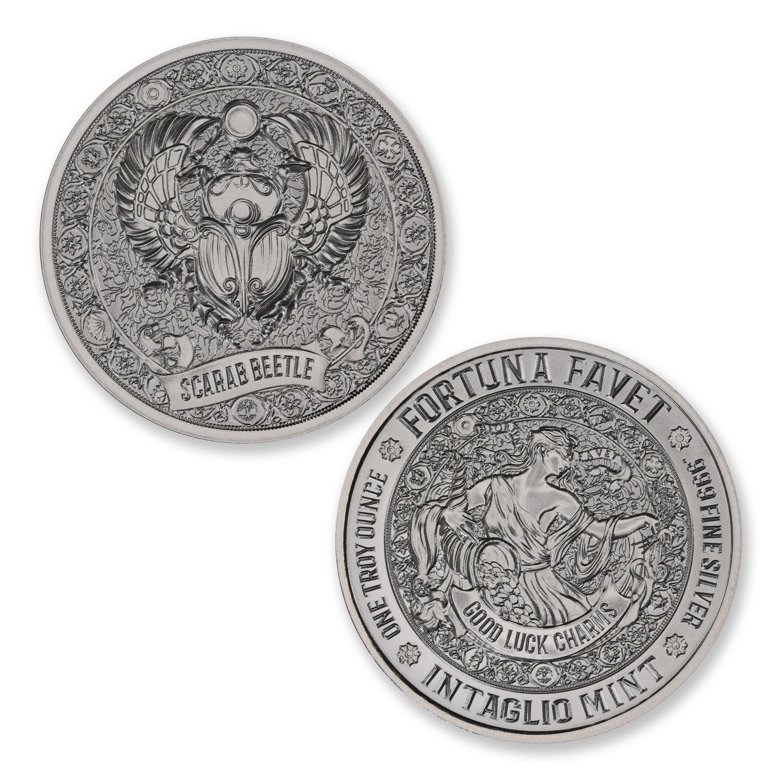 Scarab Beetle silver round with an ornate winged scarab and sun disk on the obverse and Fortuna Favet goddess reverse