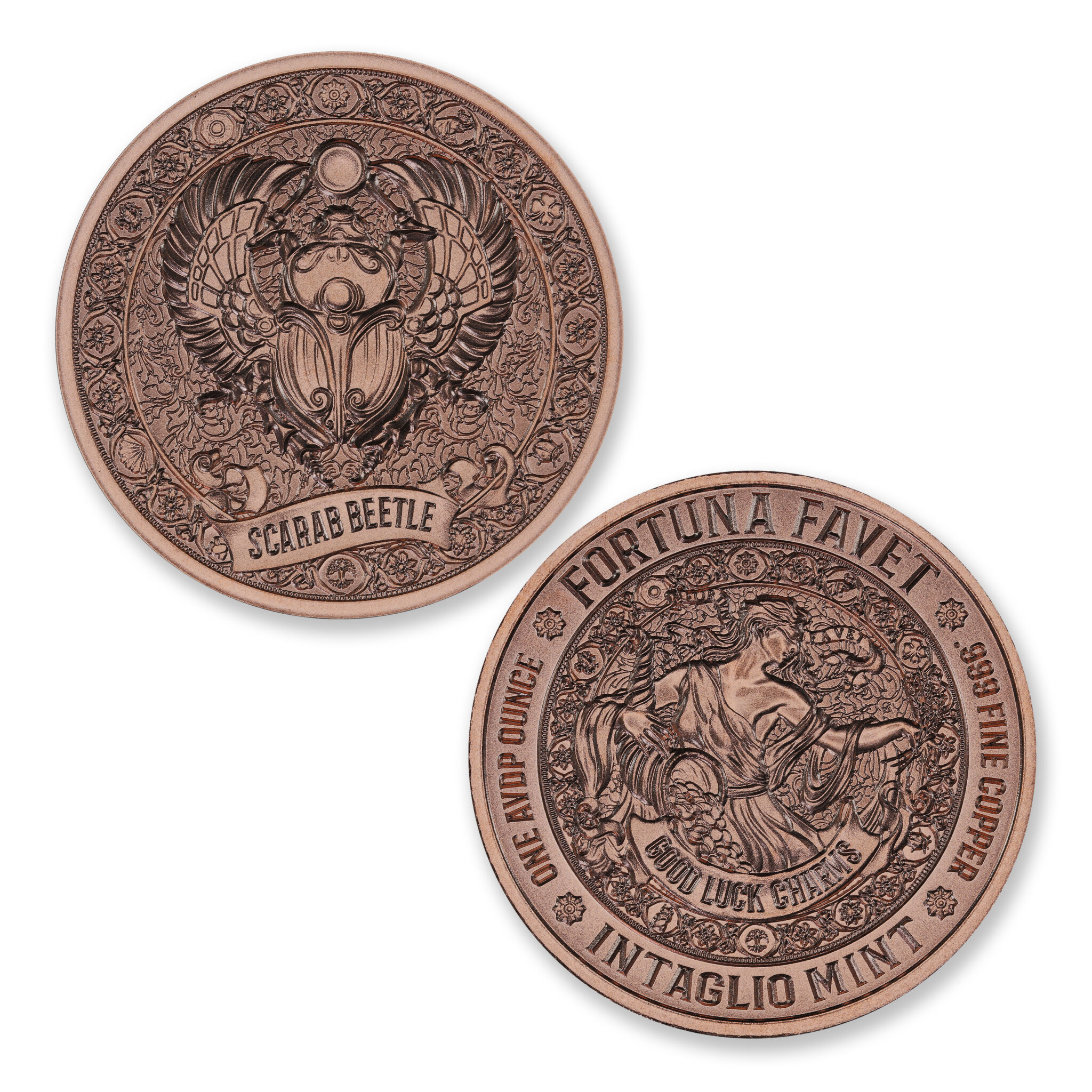 Scarab Beetle copper round with winged scarab and sun disk on the obverse and Fortuna Favet goddess reverse