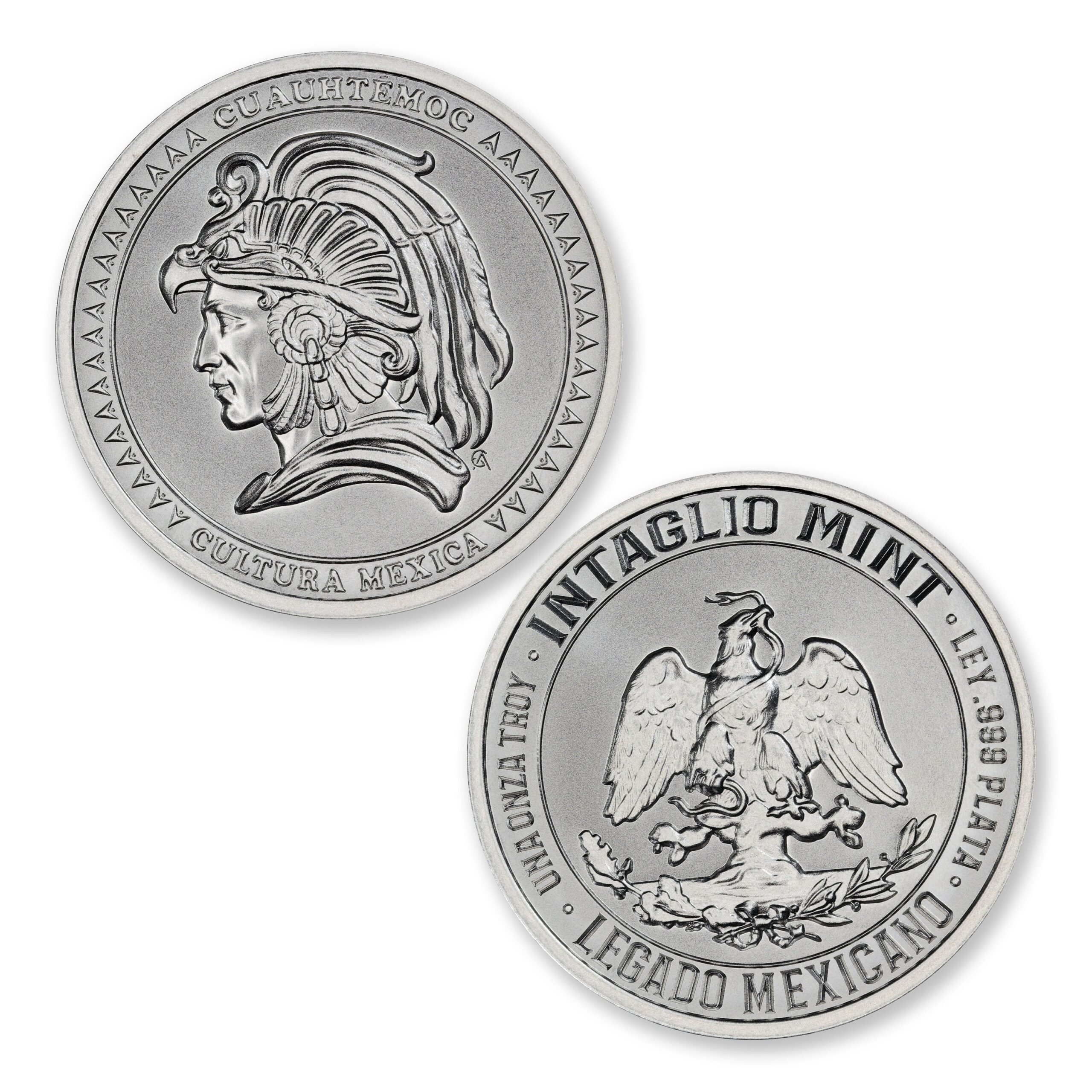 Cuauhtémoc silver round showing an eagle-headdress portrait and the Legado Mexicano eagle, cactus and serpent reverse