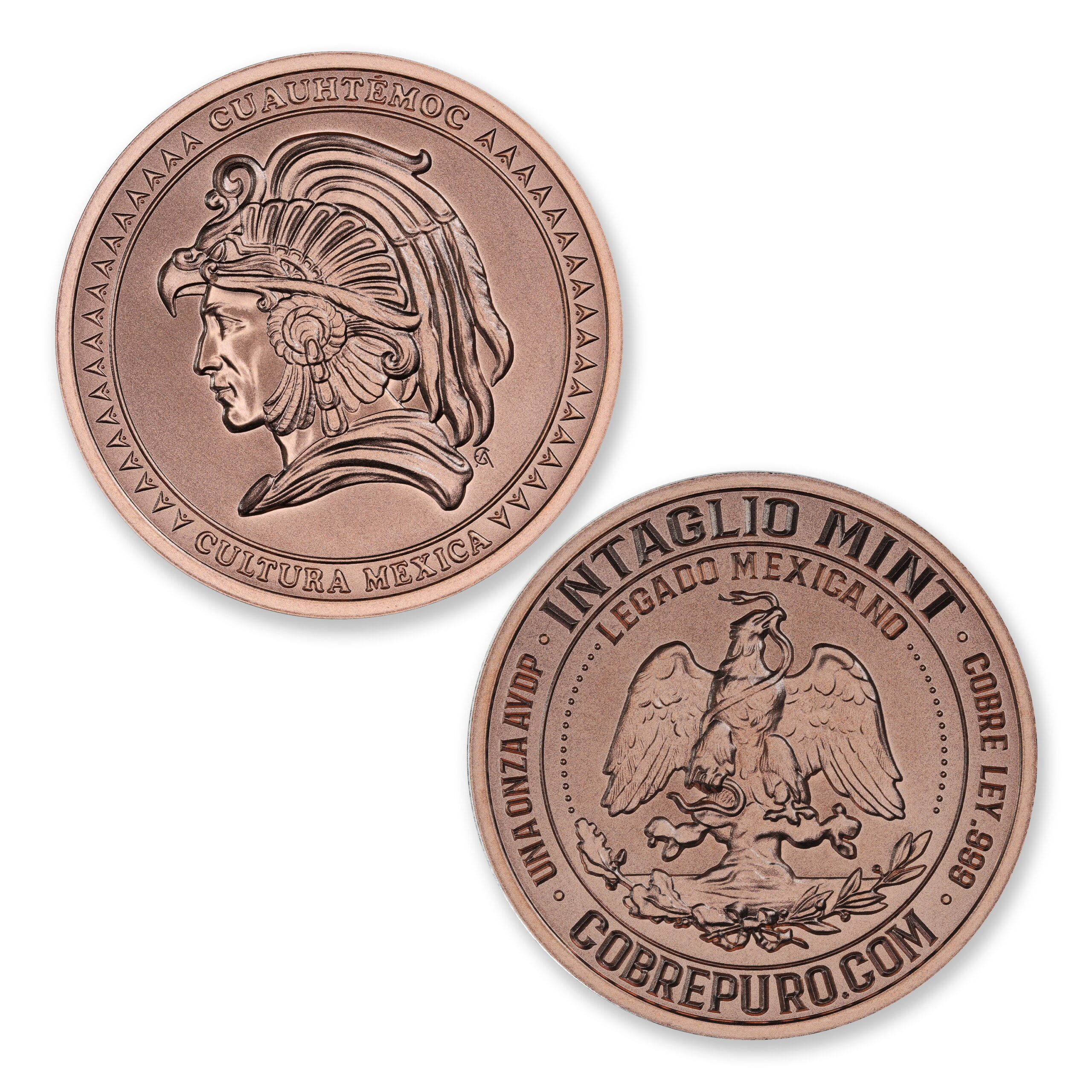 Cuauhtémoc copper round showing an eagle-headdress portrait and the Legado Mexicano eagle, cactus and serpent reverse