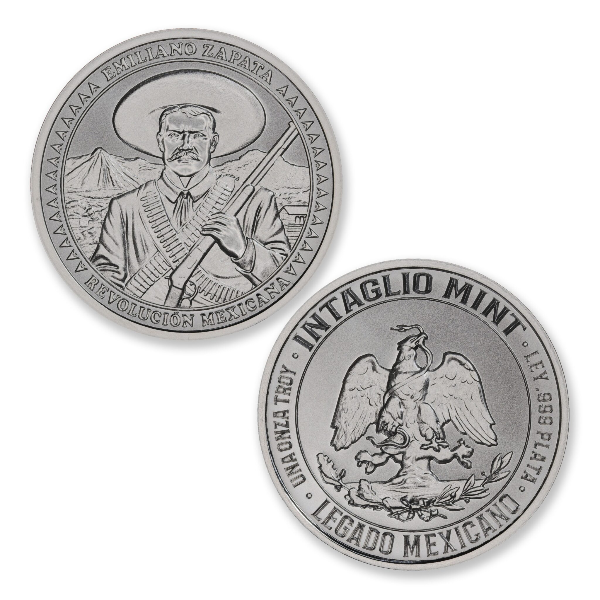 Emiliano Zapata silver round showing Zapata with sombrero, bandoliers and rifle, beside the Legado Mexicano eagle reverse