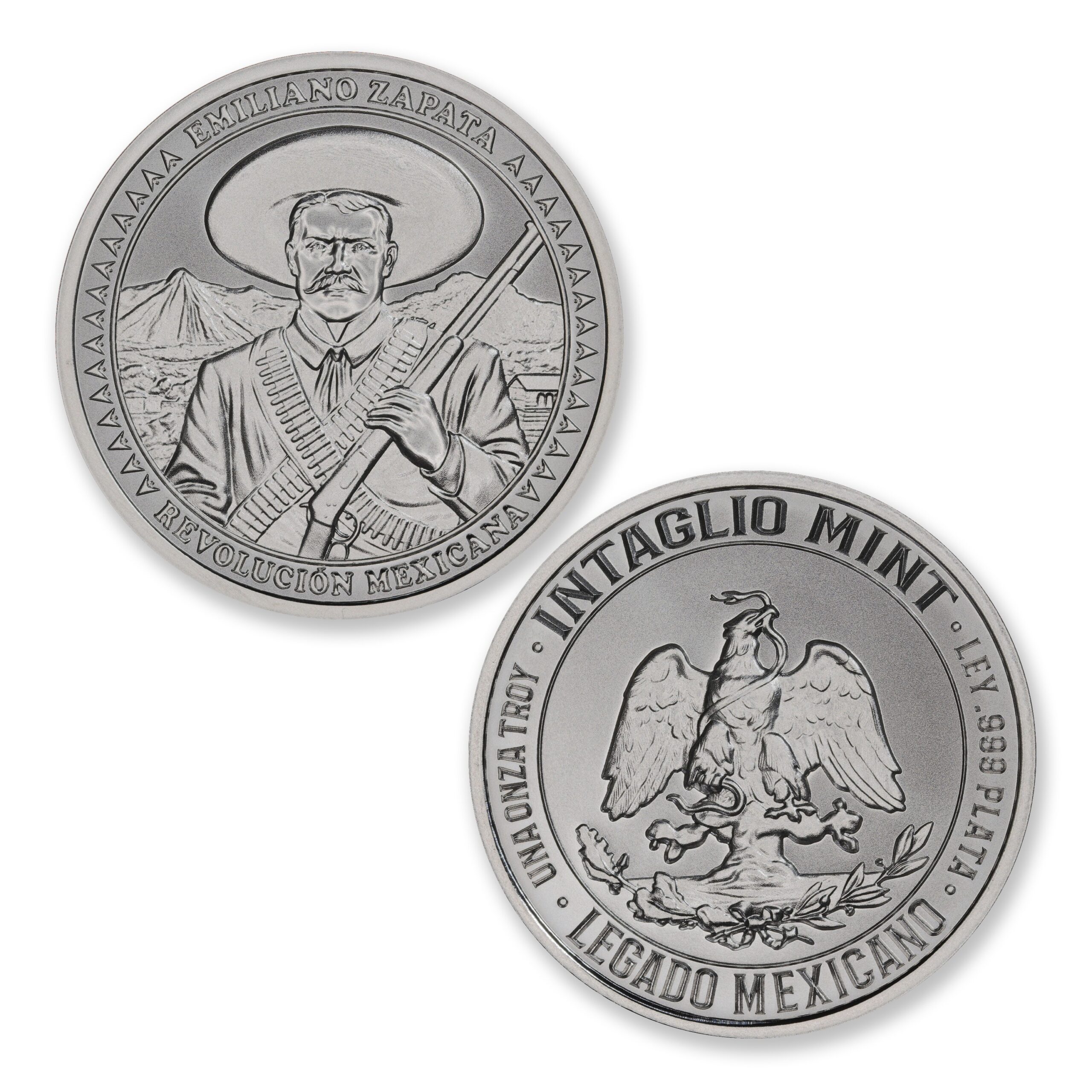 Emiliano Zapata silver round showing Zapata with sombrero, bandoliers and rifle, beside the Legado Mexicano eagle reverse