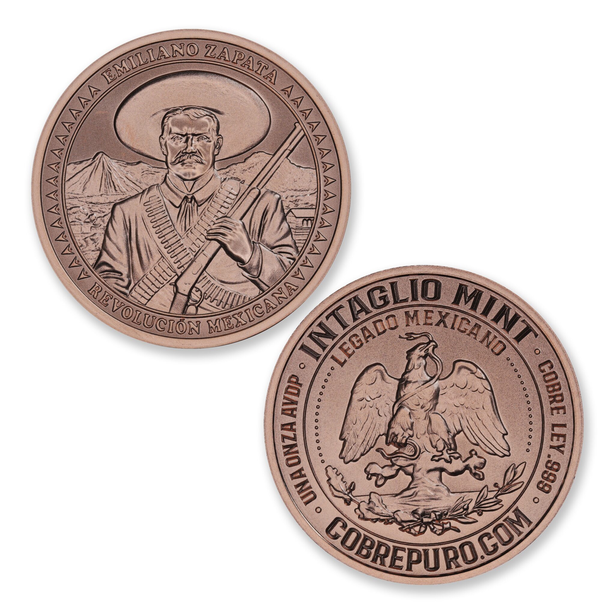 Emiliano Zapata copper round showing Zapata with sombrero, bandoliers and rifle, beside the Legado Mexicano eagle reverse