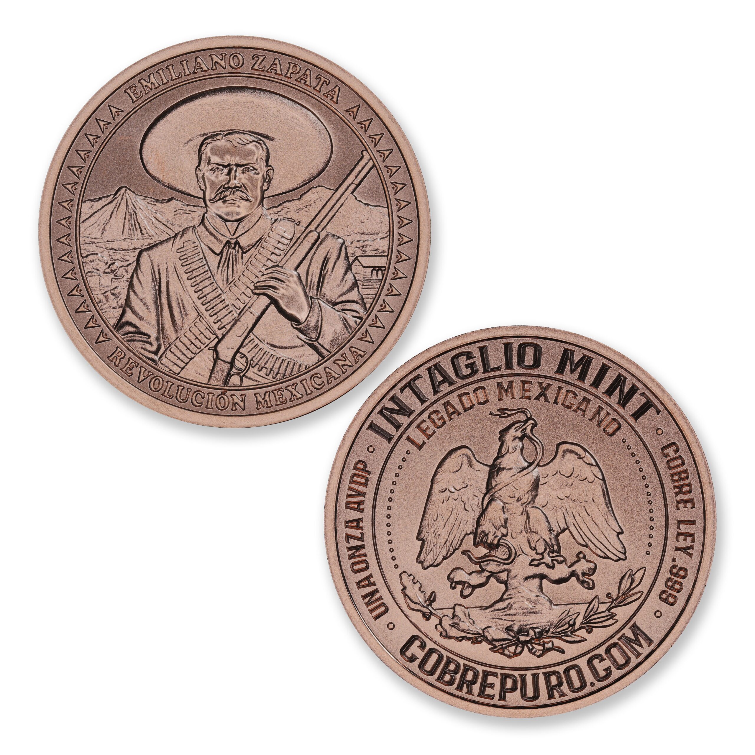 Emiliano Zapata copper round showing Zapata with sombrero, bandoliers and rifle, beside the Legado Mexicano eagle reverse