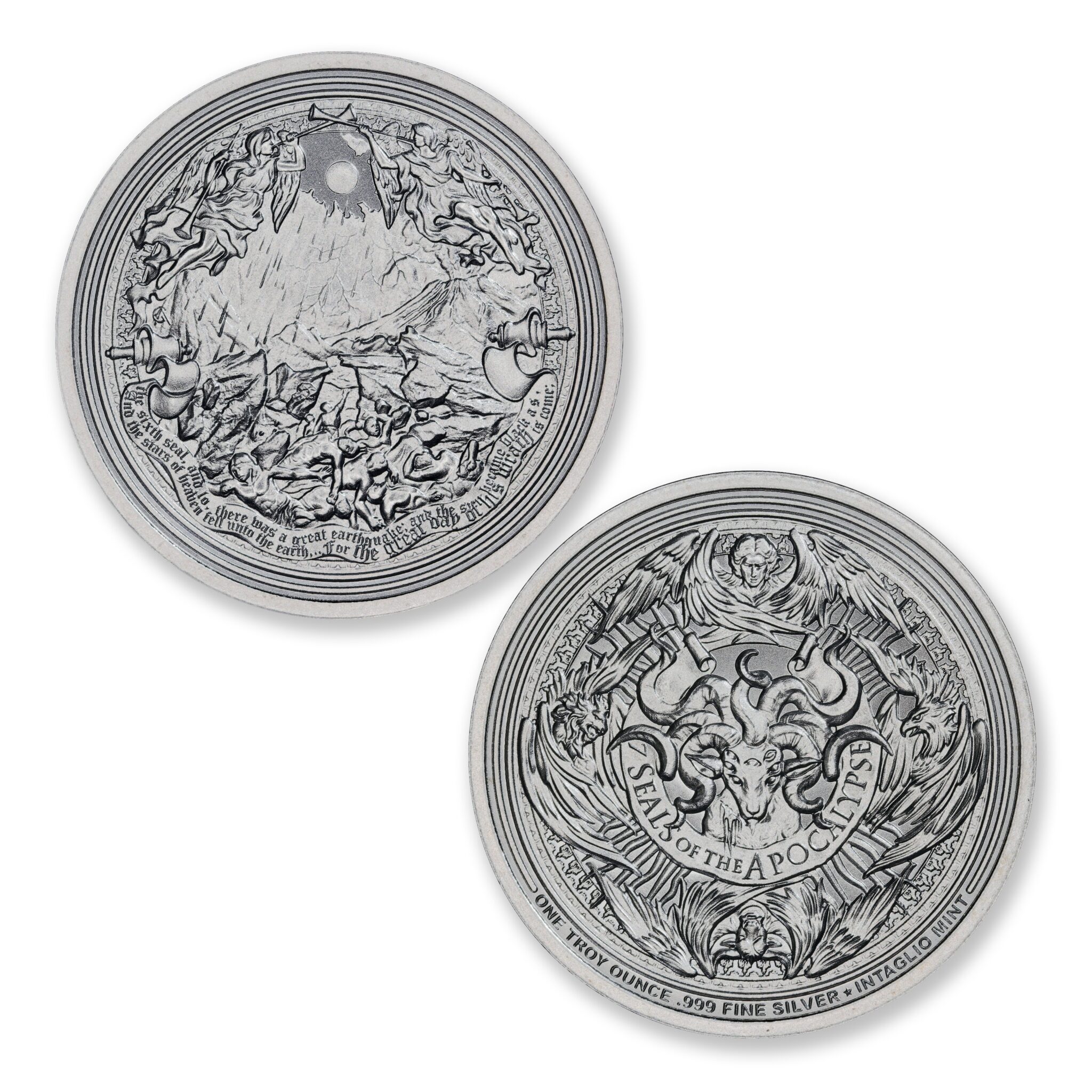 The Great Earthquake silver round with fractured landscape obverse and Seven Seals of the Apocalypse reverse